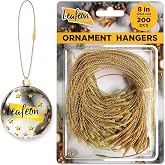 Leafeon 200 pcs Christmas Ornament Hooks - Gold Christmas Ornament Hangers with Snap - Precut Ornament String with Snap for Christmas Tree Decoration