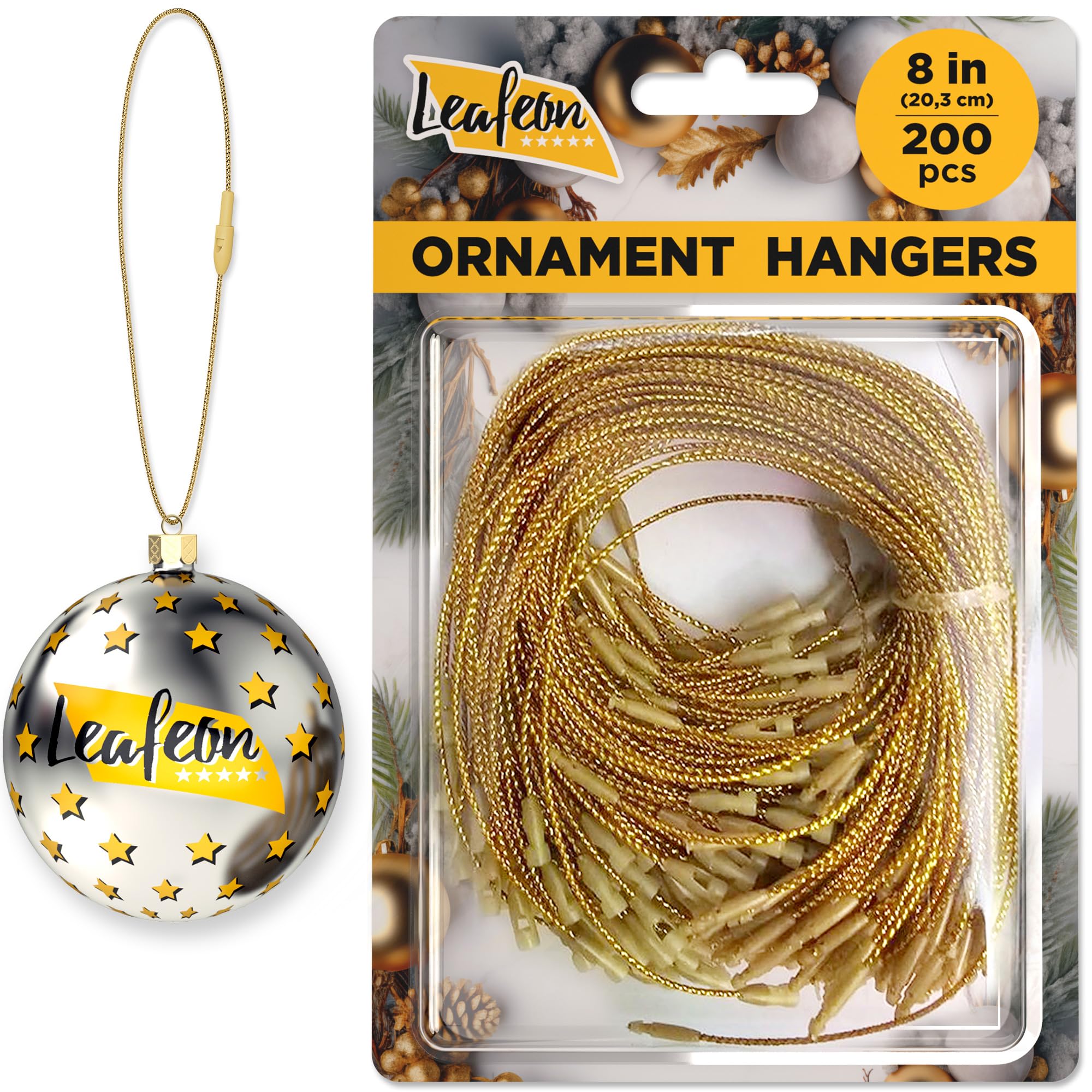 Photo 1 of 200 Pcs Christmas Hooks - Gold Ornament Hangers with Snap - Precut String with Snap for Tree Decoration