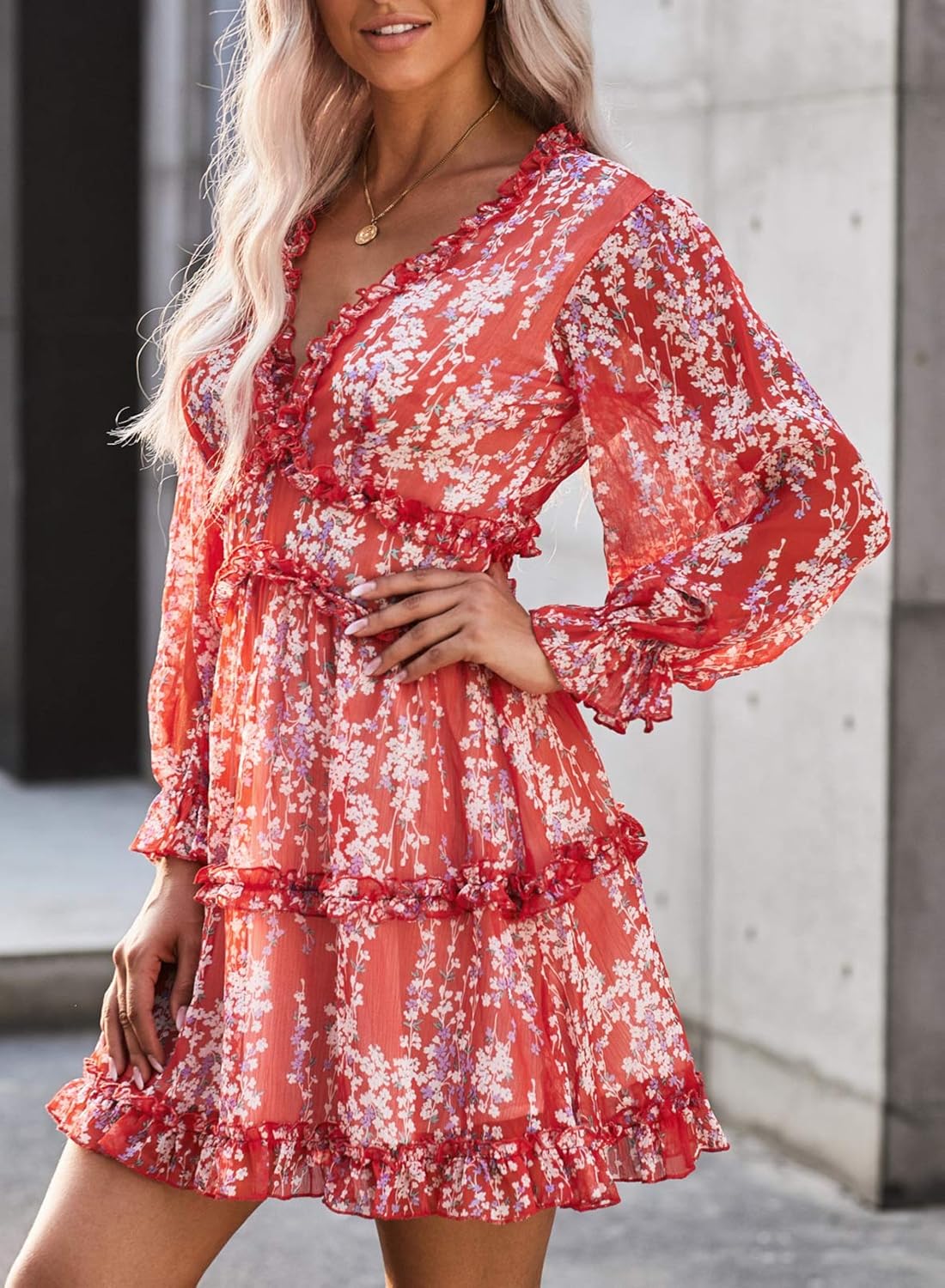 Happy Sailed Women Long Sleeve Ruffle Layer Backless Swing Mini Dresses: Clothing