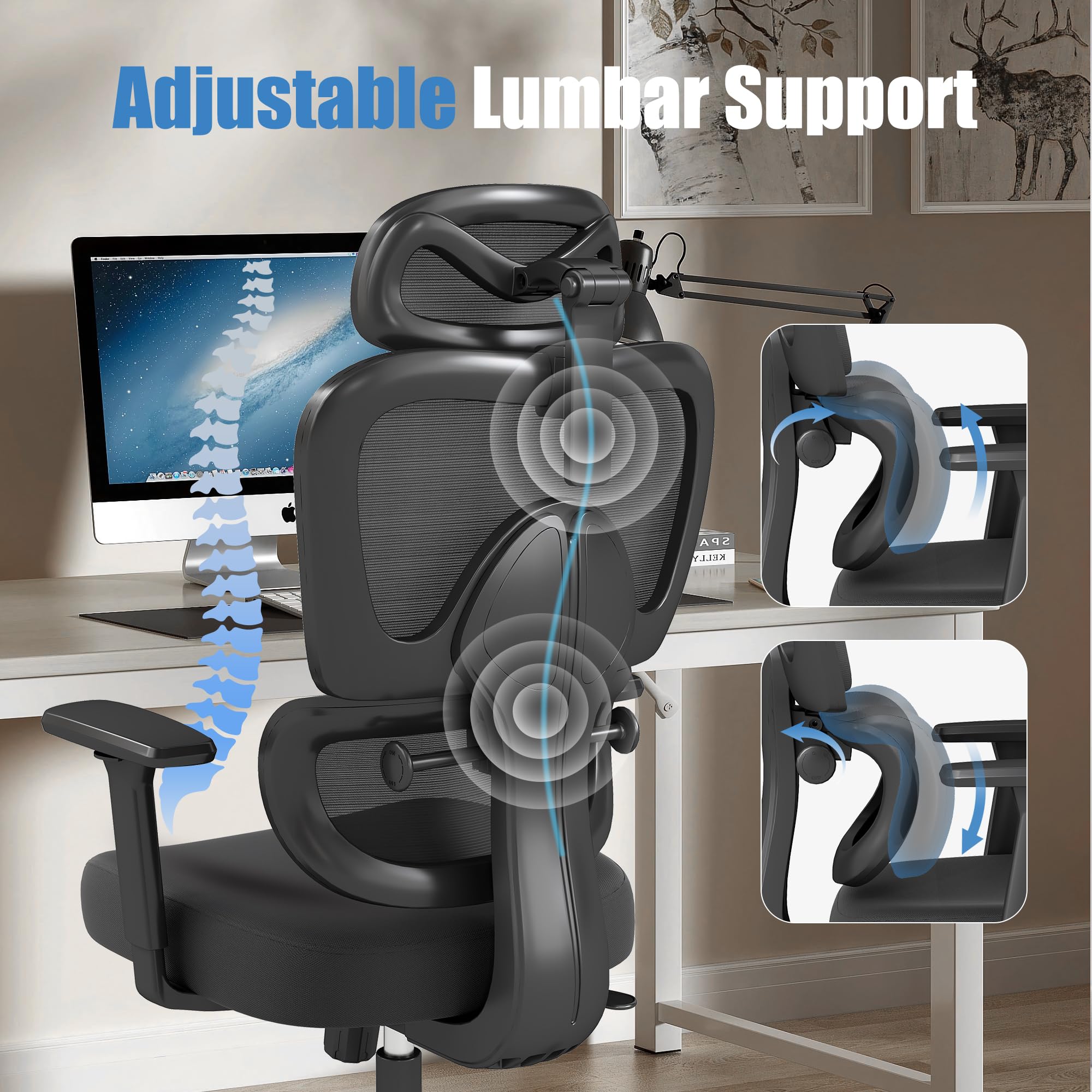 Ergonomic Office Chair with Adjustable Lumbar Support, 3D Arms and Headrest, High Back Wide Desk Computer Chair with Wheels, for Home & Office, Black - Image 3