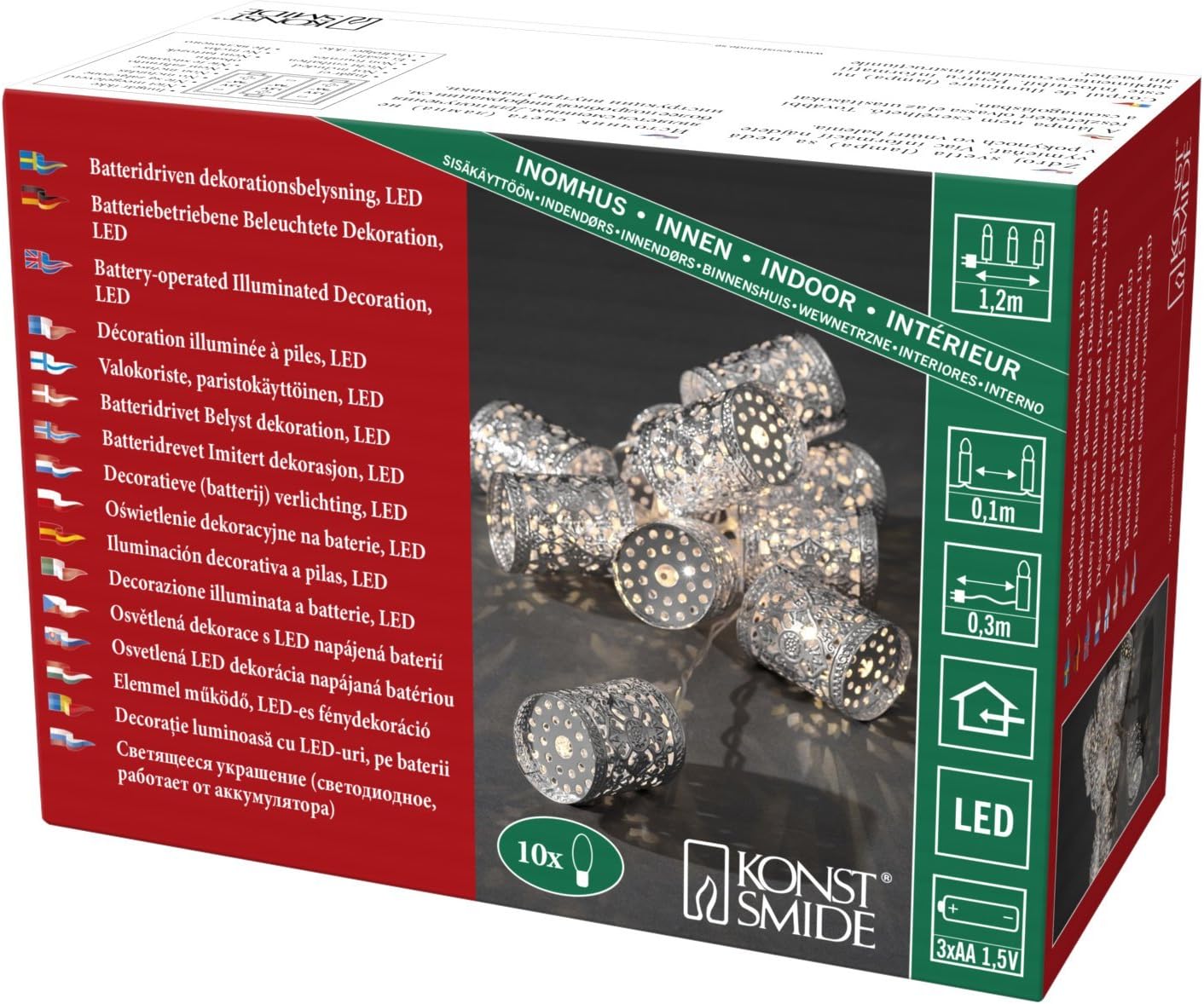 Konstsmide LED Battery Christmas Deco Light Set, Silver-Coloured Metal Fairy Lights for Indoor Use (IP20), 10 Warm White LEDs