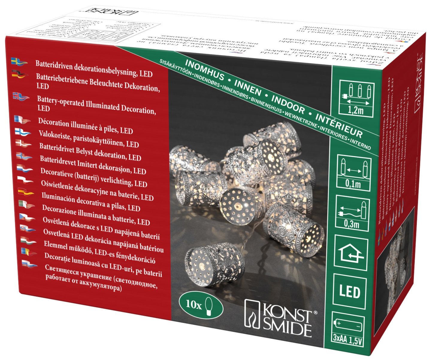Konstsmide LED Battery Christmas Deco Light Set - Silver-Coloured Metal Fairy Lights for Indoor Use (IP20) - 10 Warm White LEDs - 3 AA Batteries (Excl.) - Transparent Wire String