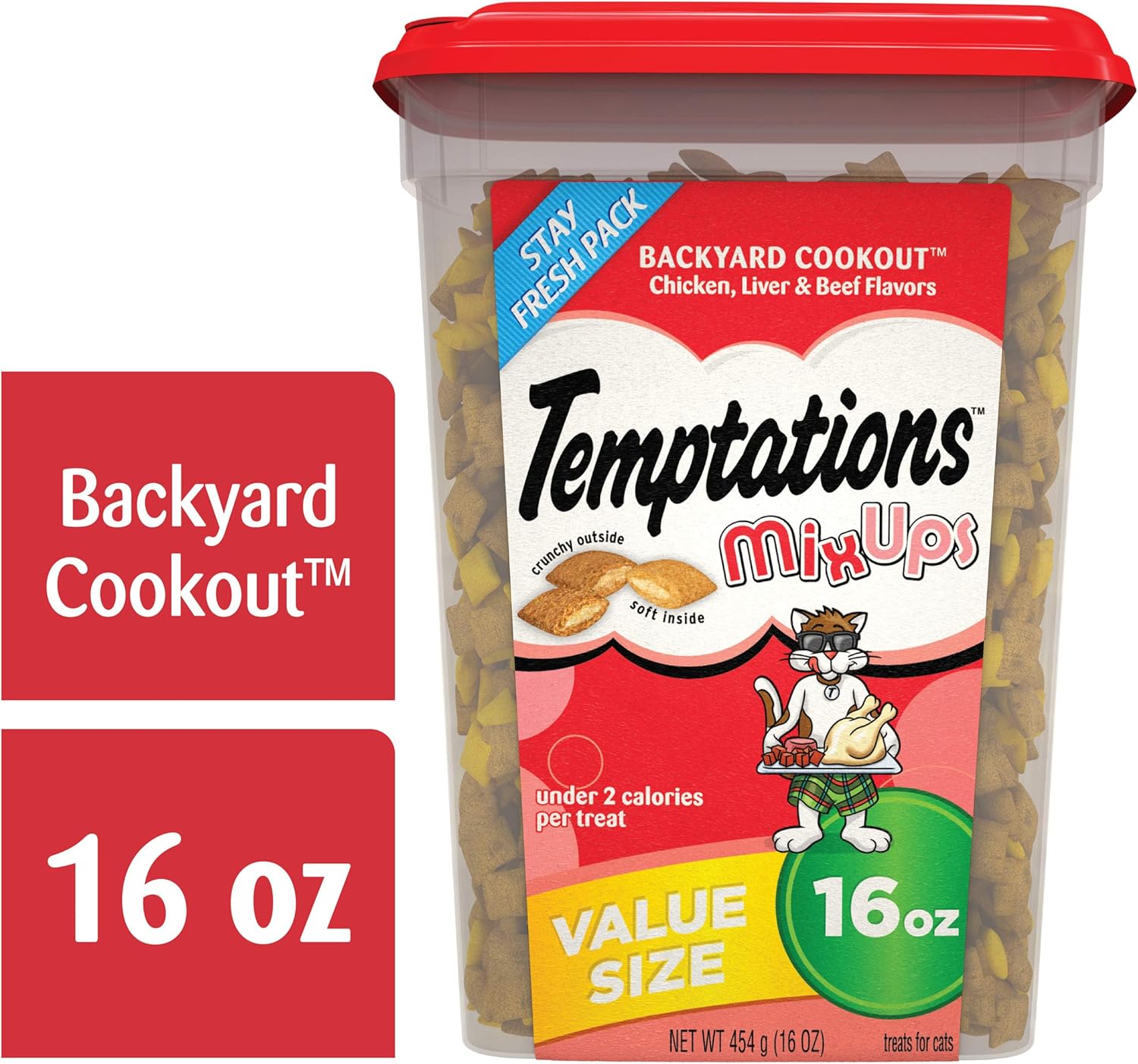 TEMPTATIONS MIXUPS Crunchy and Soft Cat Treats Backyard Cookout Flavor, 16 oz. Tub : Pet Supplies