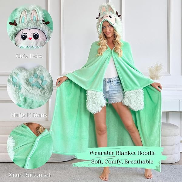 WEARABLE HOODIE BLANKET FOR ADULTS, MOTHERS DAY GIFTS-FLUFFY, FLANNEL HOODED BLANKET FOR WOMEN MEN TEEN-BIRTHDAY SHAWL GIFT-COZY WARM SOFT FUZZY GIFT IDEAS-GREEN