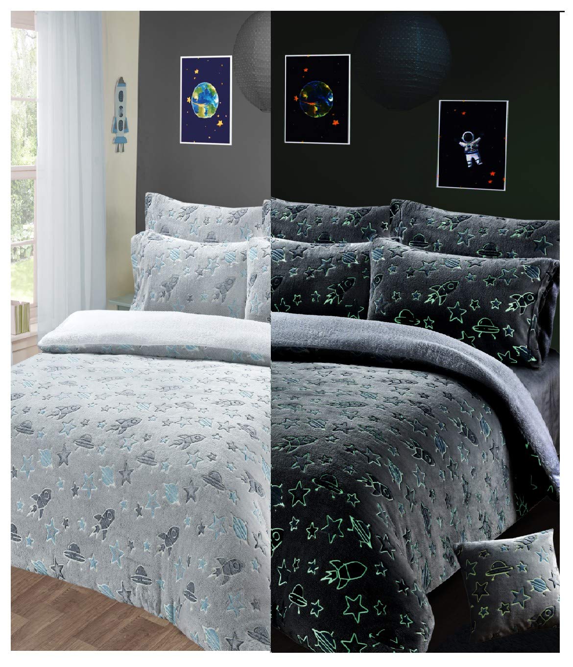 Goldstar Glow in The Dark Teddy Fleece Outer Space Stars Duvet Cover Kids Grey Silver Bedding Set Cosy Warm with Pillow Case (Single)