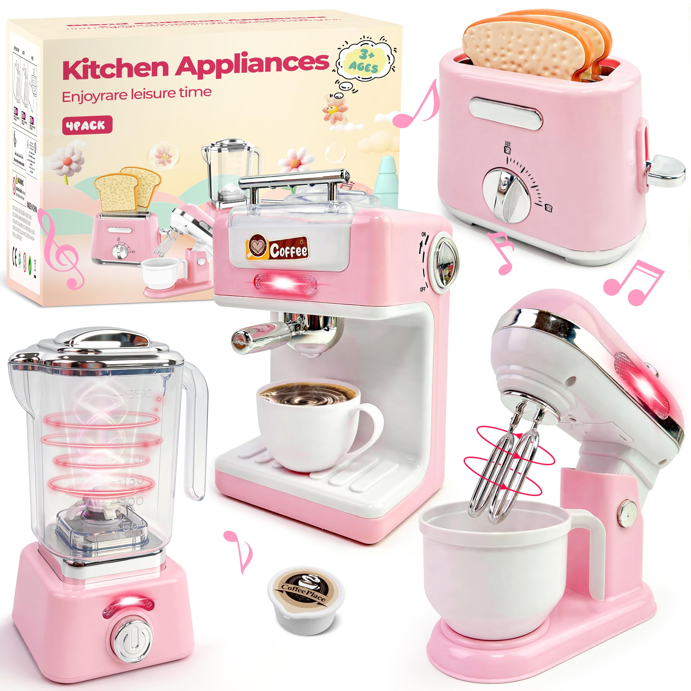 Kids Play Kitchen Accessories Toys Set,Prented Play Kitchen Appliances Playset,Blender,Coffee Maker,Mixer,Toaster with Light & Sound,Kitchen Sets for Kids Age 4-8,Pink Kitchen Toys for Toddler Girls