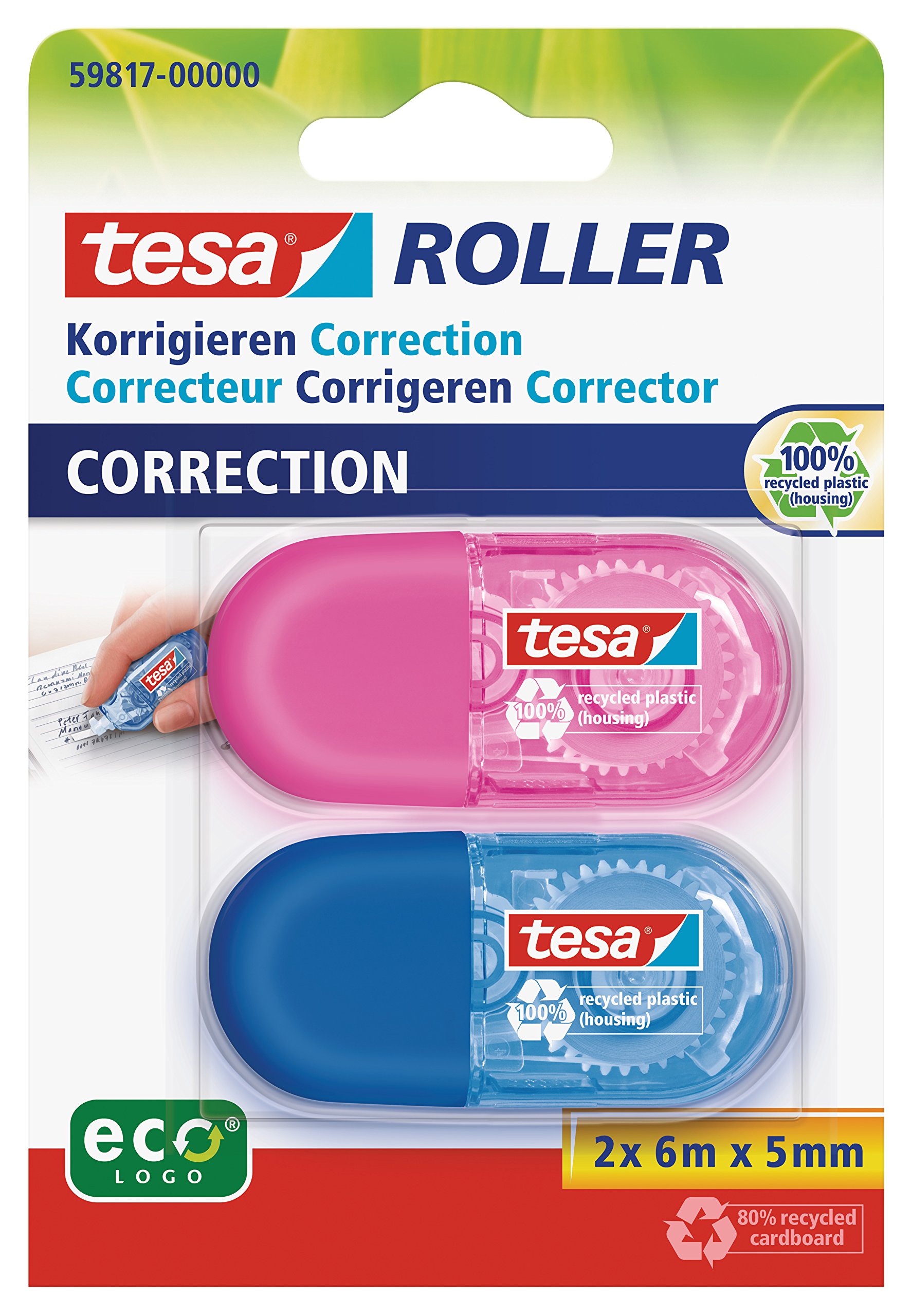 tesa UK Mini Roller Correction ecoLogo - 2 Pack Multicoloured Small Ergonomic White Out Tape, Tape Size 6 m x 5 mm