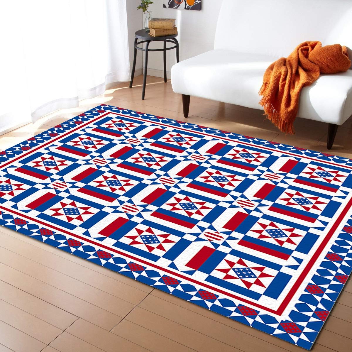 PartyShow Modern Area Rug Easy to Care, Geometric American Flag Element Low Pile