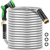 50Ft Metal Garden Hose durable stainless steel Water Hose, flexible, lightweight hose is resistant to kinks and tangles.With 10-way nozzle, strong 3/4” metal fittings, and a Stop Valve.