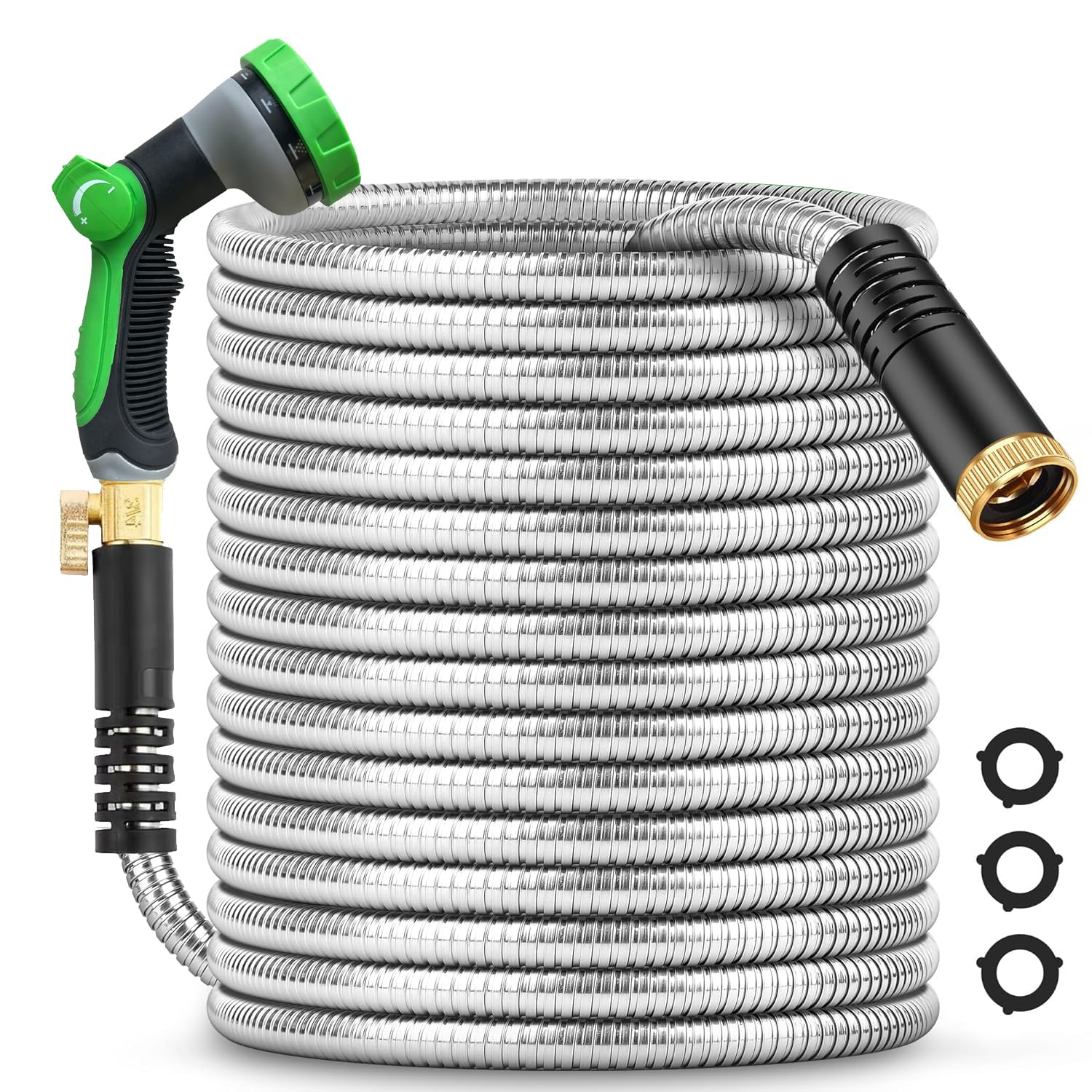 Photo 1 of 100Ft Metal Garden Hose durable stainless steel Water Hose, flexible, lightweight hose is resistant to kinks and tangles.With 10-way nozzle, strong 3/4” metal fittings, and a shut-off valve.