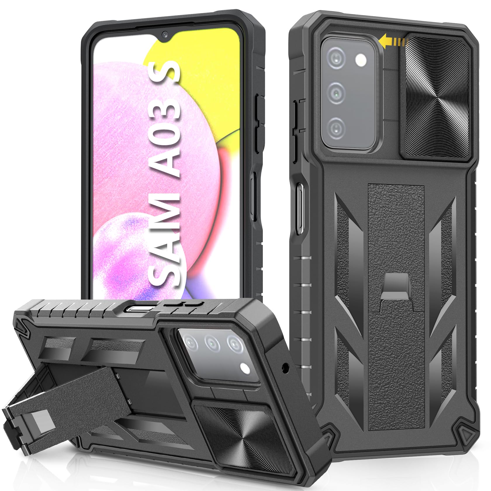 Photo 1 of for Samsung Galaxy A03s Protective Case: Military Grade Drop Proof Full Protection Mobile Phone Cover with Kickstand | Rugged Shockproof TPU Matte Textured Tough Bumper Shell