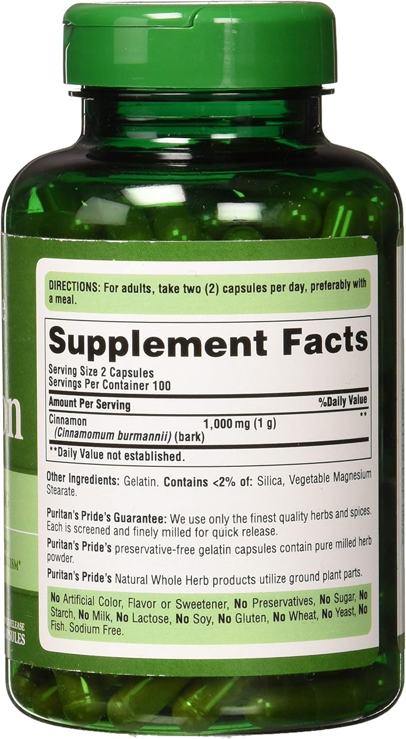 Puritans Pride Cinnamon 500 mg Capsules, 200 Count