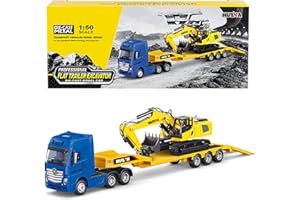 Qcar Flat Trailer Truck with Excavator Vehicles Toys,1:50 Scale Diecast Site Trailer Truck, Toy Trucks for Kids