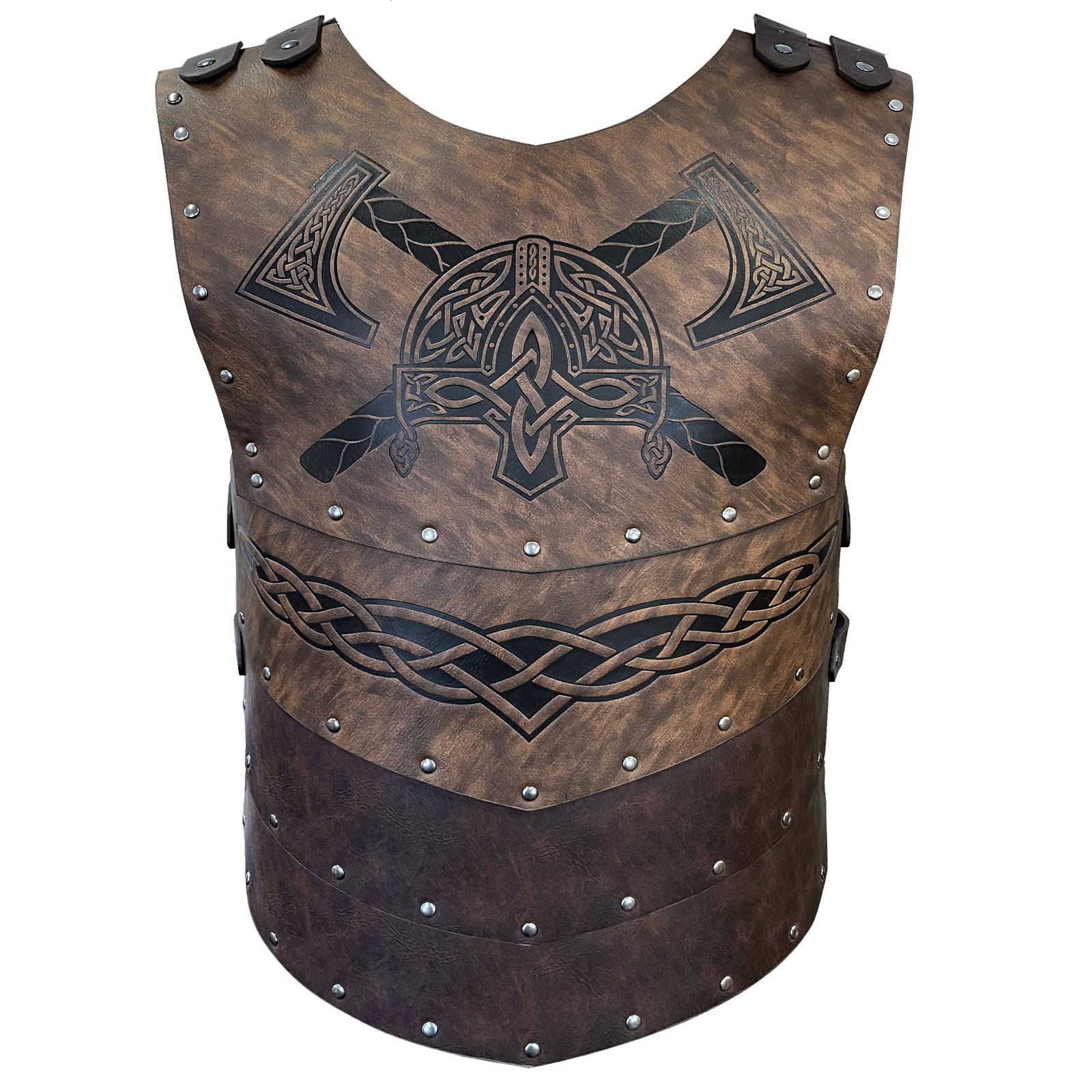 HiiFeuer Viking Faux Leather Embossed Helmet Axe Chest Armor, Retro Medieval Knight Leather Armor for LARP/Cosplay (Brown A)