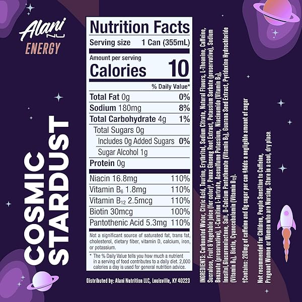 ALANI NU COSMIC STARDUST SUGAR FREE, LOW CALORIE ENERGY DRINKS | 200MG CAFFEINE | BIOTIN B VITAMINS | ZERO SUGAR | 10 CALORIES | 12 FL OZ CANS | 12 PACK