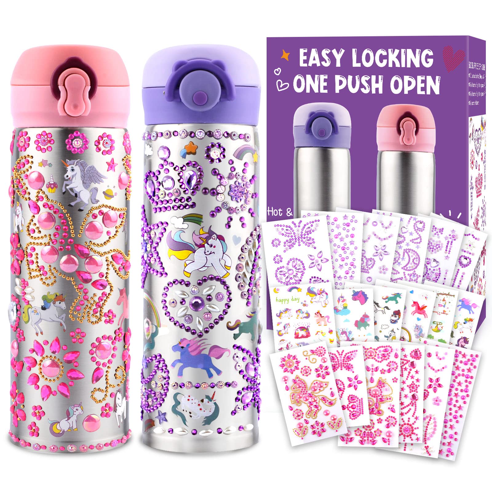 Decorate Your Own Water Bottle Kits for Girls 4 5 6 7 8 9 10 Year Old, Birthday Gifts for Kids with 18 Sheets of Glitter Gem Stickers, DIY Art & Craft for Girls Ages 4-12, School Supplies for Girls