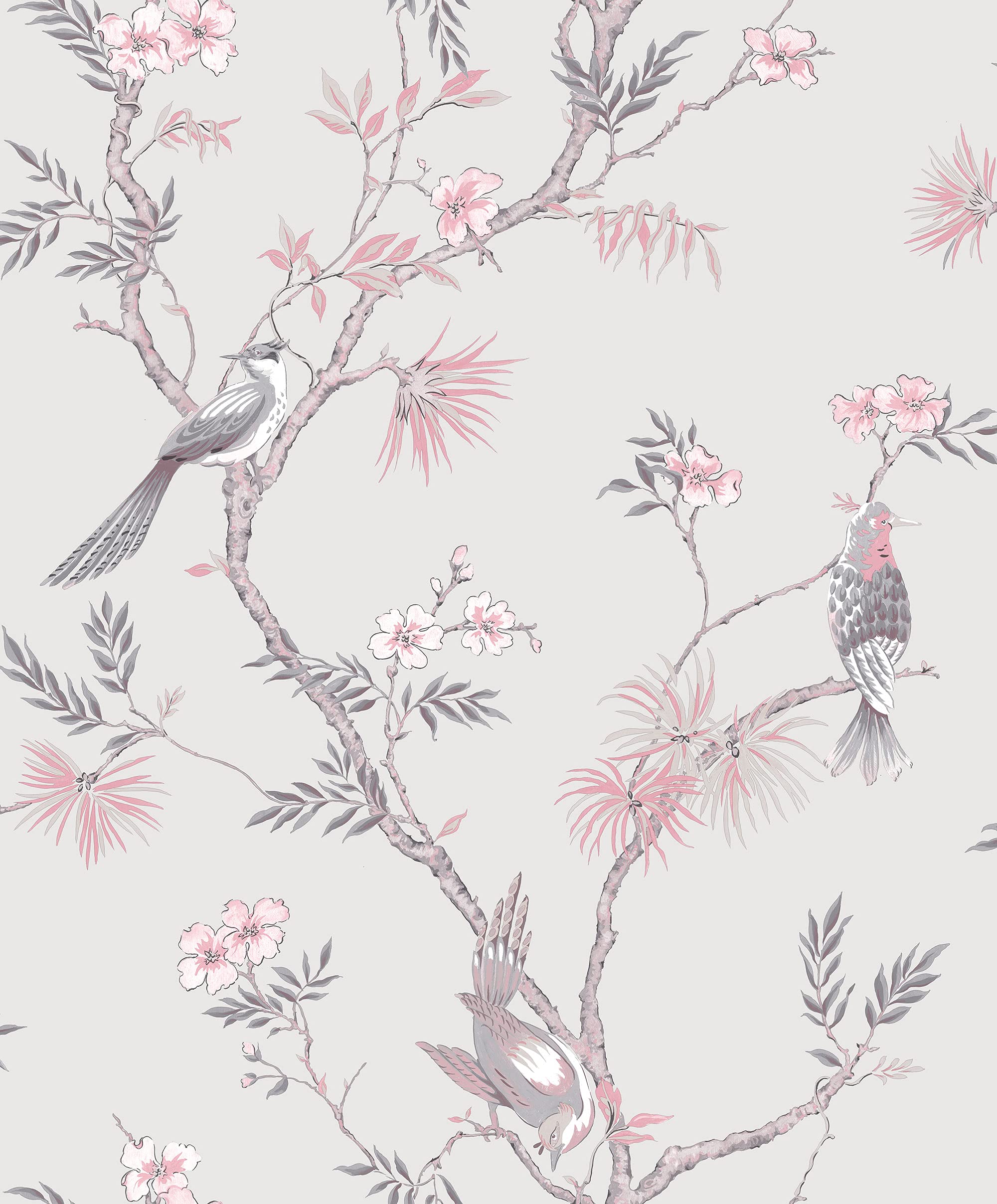 Galerie G78491 Secret Garden Classic Bird Trail Wallpaper, Grey/Pink, 10m x 53cm