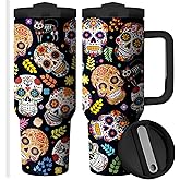 Equoza Graphic Sugar Skull 40 OZ Tumbler With Handle and Straw,Stainless Steel Double Walled Vacuum Insulated Cup,Birthday Tumbler Gift for Women Men,Halloween (Pack of 1)