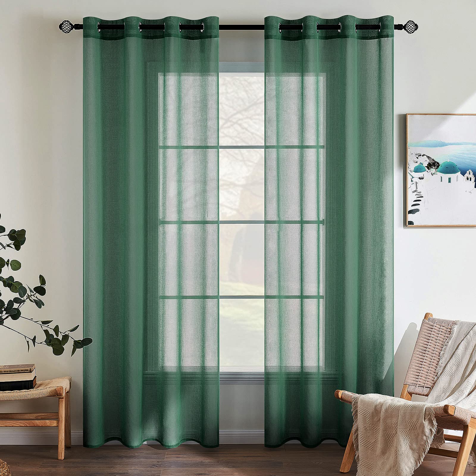 EMEMA Set of 2 Sheer Voile Curtains with Eyelets Transparent Voile Polyester Eyelet Curtain Transparent Living Room Airy Decorative Curtain for Bedroom 140 x 245 cm (W x H) Dark Green