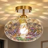 Dvnctz Gold Hammered Glass Semi Flush Mount Ceiling Light Fixture, 11 Inch | 1-Light, Decorative Light Pattern, Unique Iridescent Glass, Whimsical Ceiling Lighting Fixture for Hallway, Entryway, Closet
