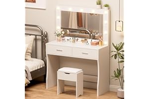 YESHOMY Vanity Desk with Mirror, Power Outlet and 10 Lights, Makeup Table with 2 Drawers, 3 Color Modes Available for Bedroom, White