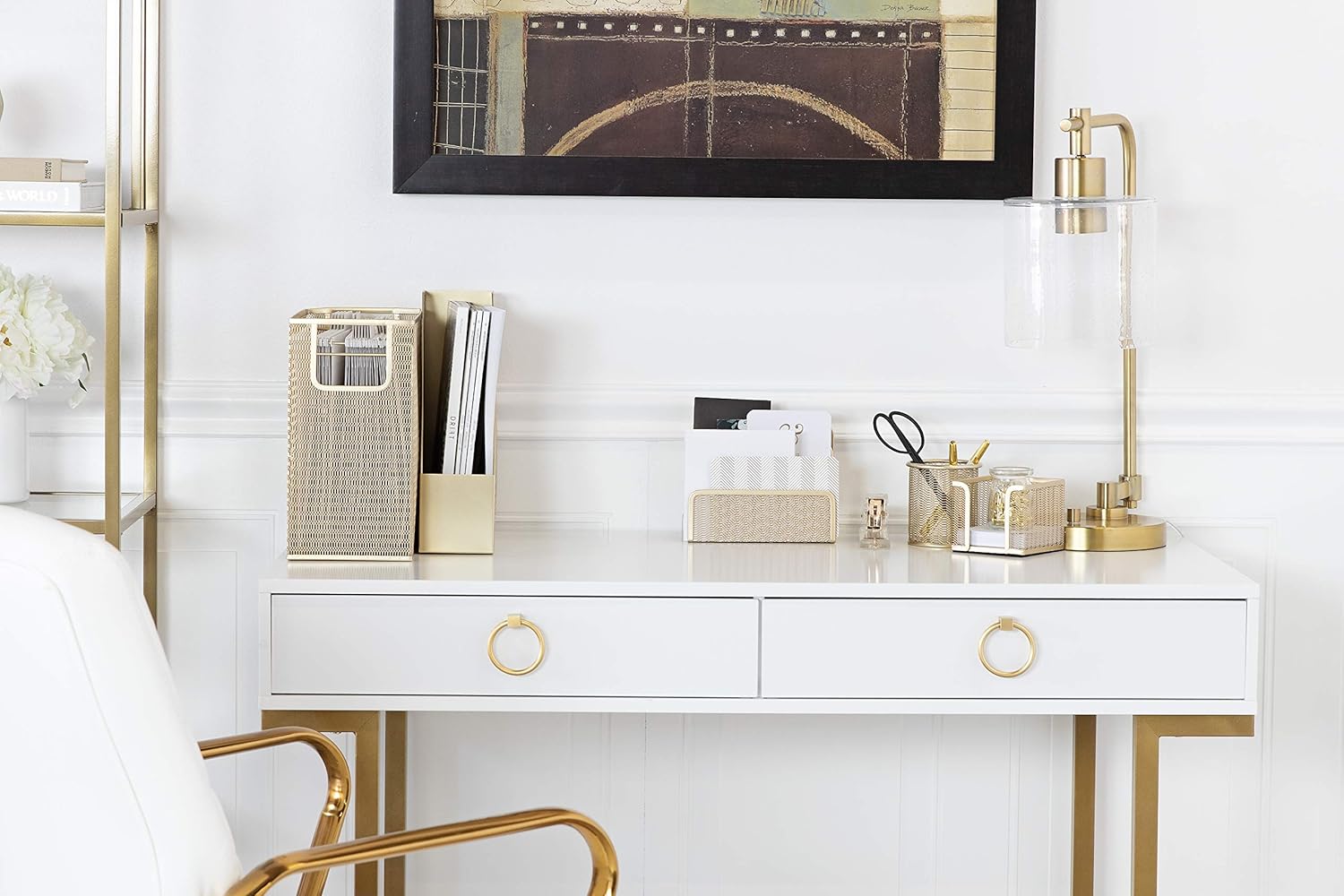 Blu Monaco 5 Piece Cute Office Supplies Gold Desk Organizer Set - with Desktop Hanging File Organizer, Magazine Holder, Pen Cup, Sticky Note Holder, Letter sorter - Gold Desk Accessories: Home Improvement