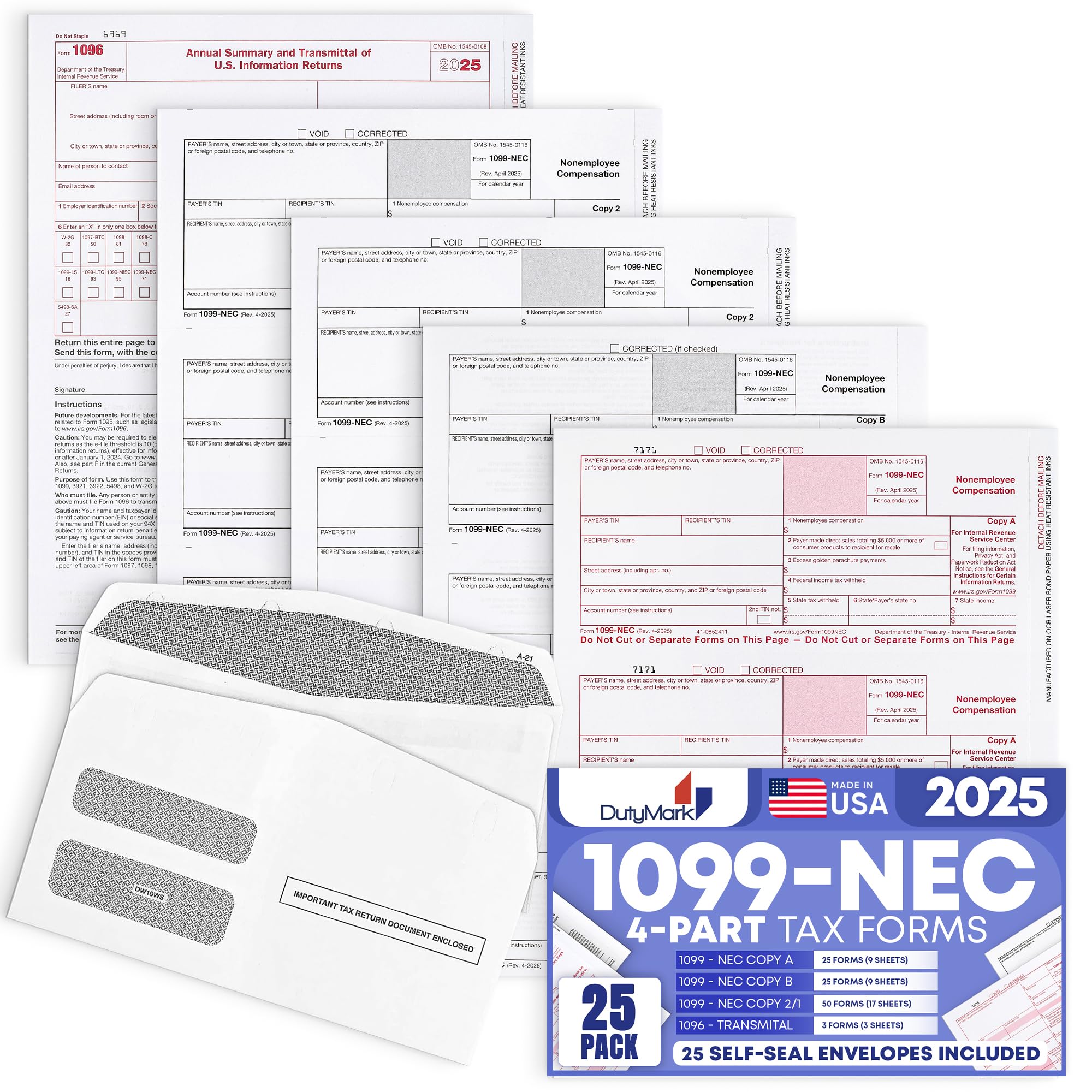 Photo 1 of Dutymark 1099 NEC Forms 2025 for 25 Recipients 4 Part Laser Tax Forms Kit, 3 1096 Forms, 25 Security Self Seal Envelopes, Compatible with QuickBooks and Accounting Software, 2025 1099 NEC