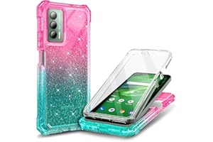 WDHD Designed for Cricket Outlast Phone Case, ATT Jetmore Case with [Built-in Screen Protector], Full-Body Protective Shockproof Rugged Bumper Cover Case (Glitter Pink/Aqua)