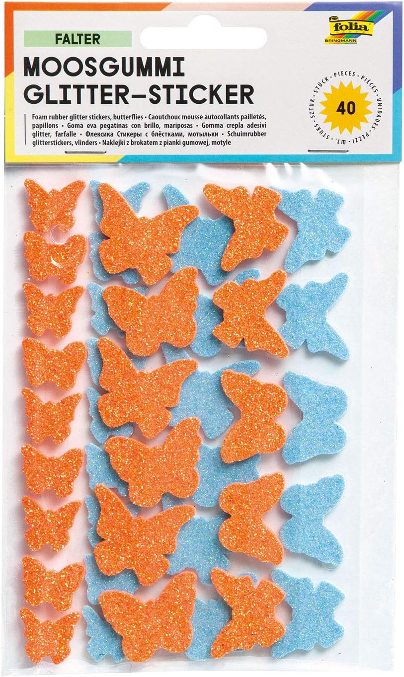 Glorex GmbH Folia 23793 - Foam Rubber Glitter Stickers, 40 Pcs, Butterfly, Orange/Blue Assorted