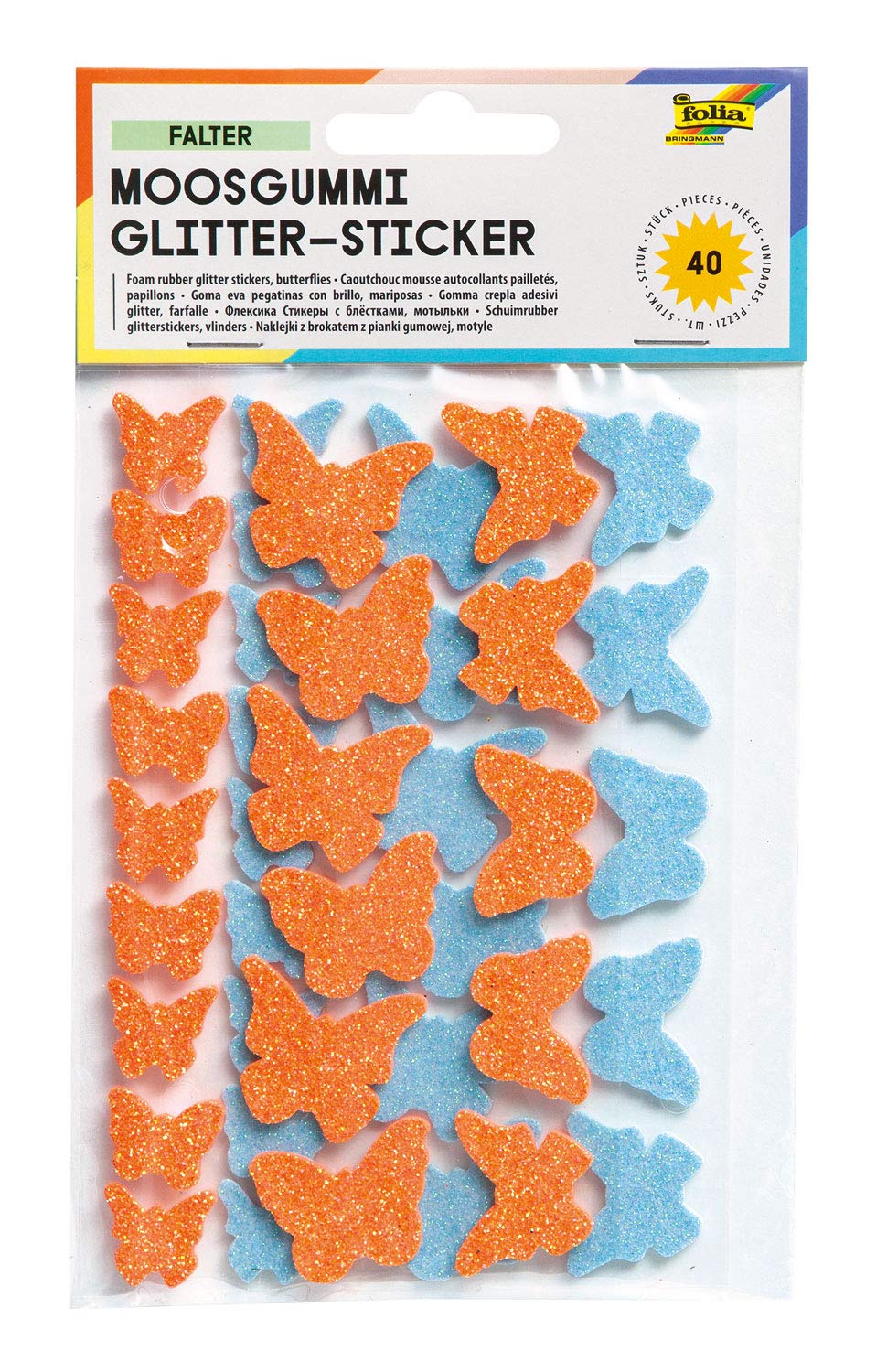 Glorex GmbH Folia 23793 - Foam Rubber Glitter Stickers, 40 Pcs, Butterfly, Orange/Blue Assorted