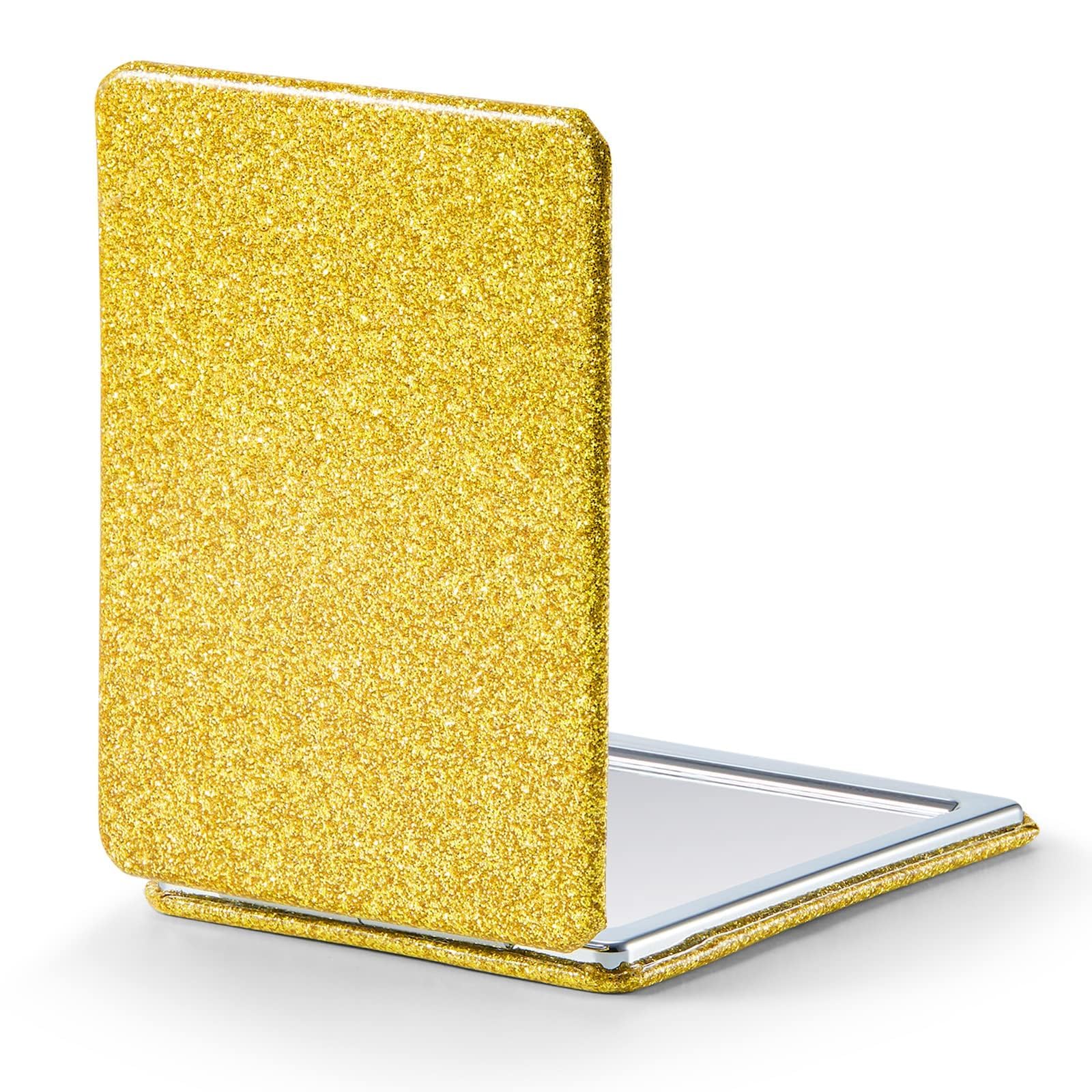 Photo 1 of OMIRO Compact Mirror, Glitter PU Leather 1X/3X Magnification, Ultra Portable for Purses, 2.4" W x 3.4" L (Gold)