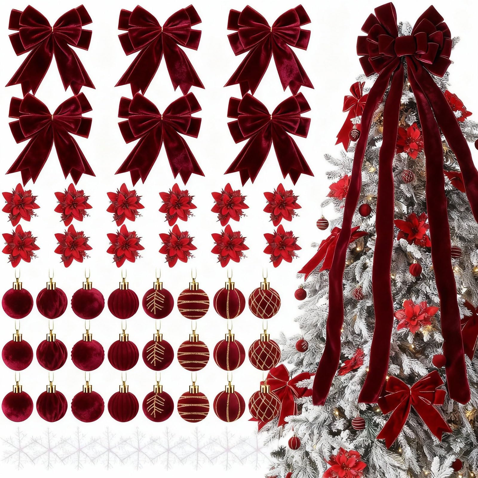 Photo 1 of Halloscume 52 Pcs Red Christmas Tree Decoration Set Include 44'' Large Topper Velvet Bow 12 Poinsettia Flowers 24 Velvet Ball Ornaments 6 Red Christmas Bow 9 Xmas Snowflakes for Holiday Party Decor