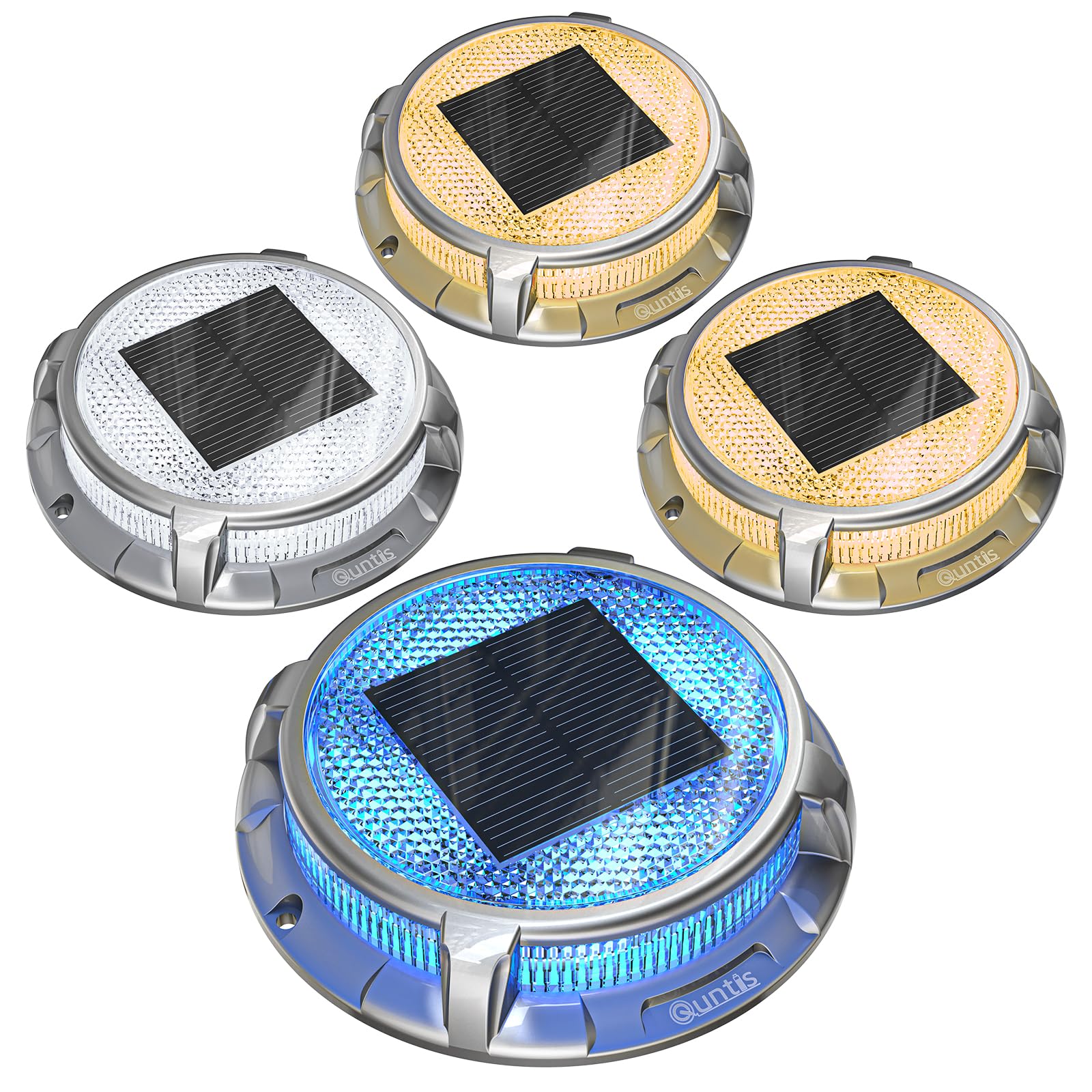 Quntis Solar Decking Lights Outdoor 4 Pack, 3 Colors Blue White Warm White Outdoor Garden Lights, Solar Ground Light IP68 Waterproof for Pathway Driveway Step Stairs Patio Path Pool — image 1