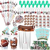 Seenelling Party Favors Set with Cup Straw Cup Sleeve Bouncy Ball Mini Pinball Machine Keychain Sticker Clap Bracelet Tag for Sport Reward Birthday Gift Party Supplies(195 Pcs,Football)