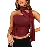 FEMLE Womens Y2K Halter Scarf Top Sexy Sheer Mesh Tube Top Ruched Double Layer Halter Crop Tops Going Out Party Clubwear