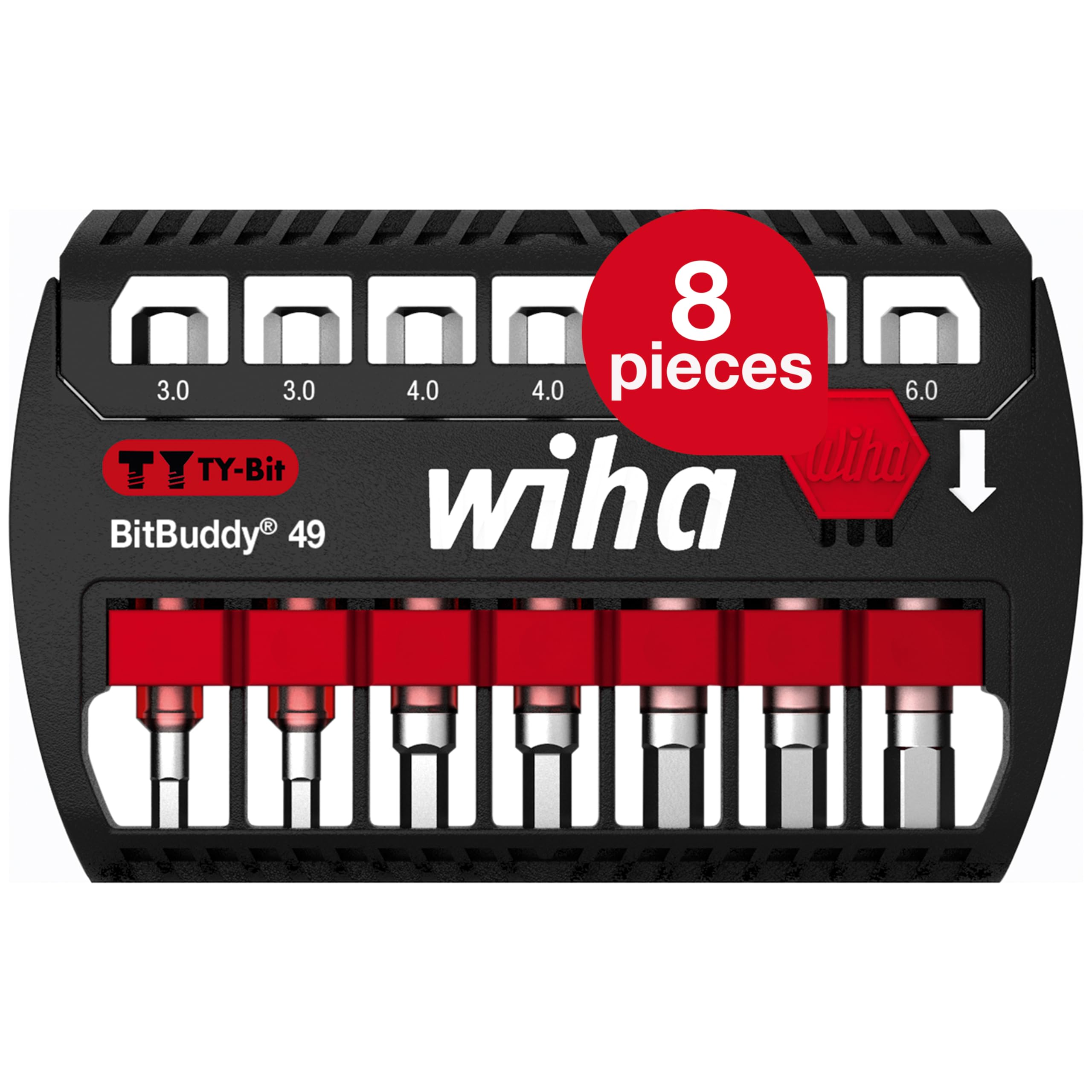 Wiha BitBuddy® T‑Shaped Hexagonal Bits Set – 49 mm, 8 Pieces 1/4" E6,3 (42114)