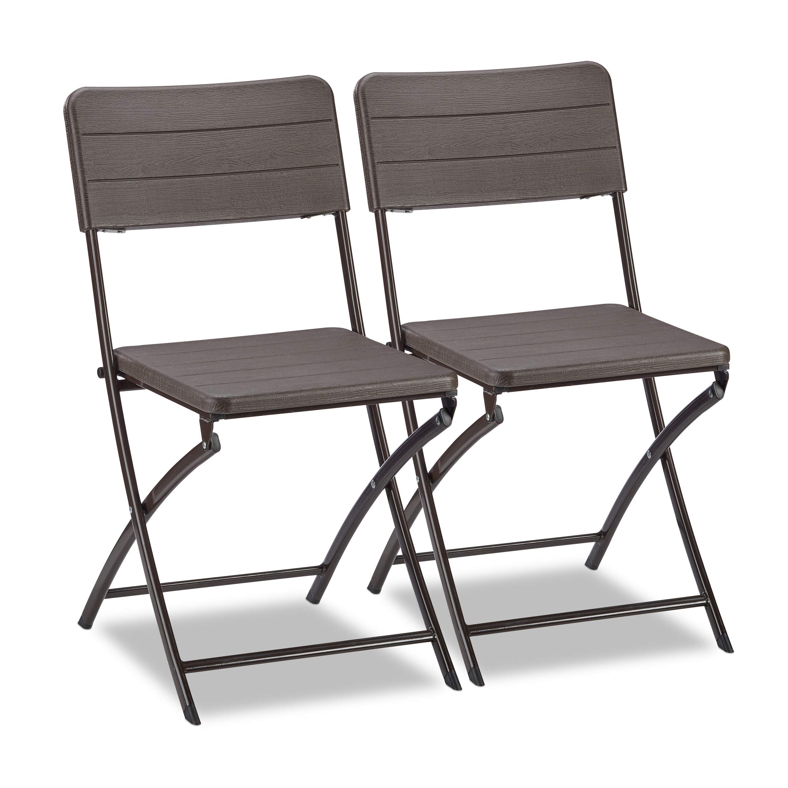 Relaxdays Garden Chairs Set of 2, Woodgrain Look, Weatherproof & Sturdy, Plastic Metal Frame, Foldable, Balcony, Brown, One Size