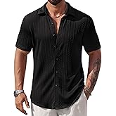 VOGSTART Mens Summer Textured Shirts Short Sleeve Casual Button Down Shirt Beach Vacation Tops (S-XXL)