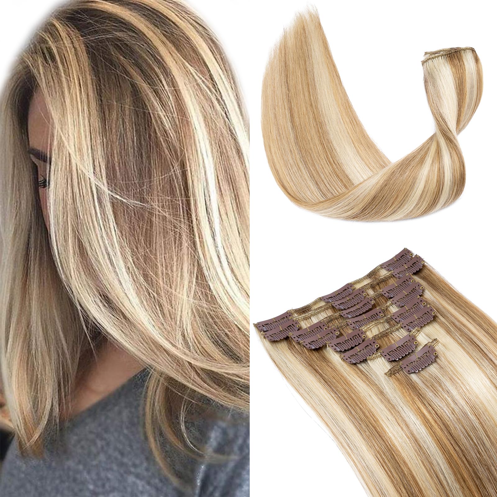 Elailite Clip in Hair Extensions Real Human Hair - 8 Pieces Thin Weft Full Head Remy Hair Straight - #12/613 Golden Brown Mix Bleach Blonde - 16 Inch (65 g)