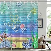 TSLOVER Cute Beach Ocean Shower Curtain,Sea Ocean Anime Bathroom Curtain,Funny Cute Waterproof Fabric Shower Curtains for Bathroom,72x72 Inches