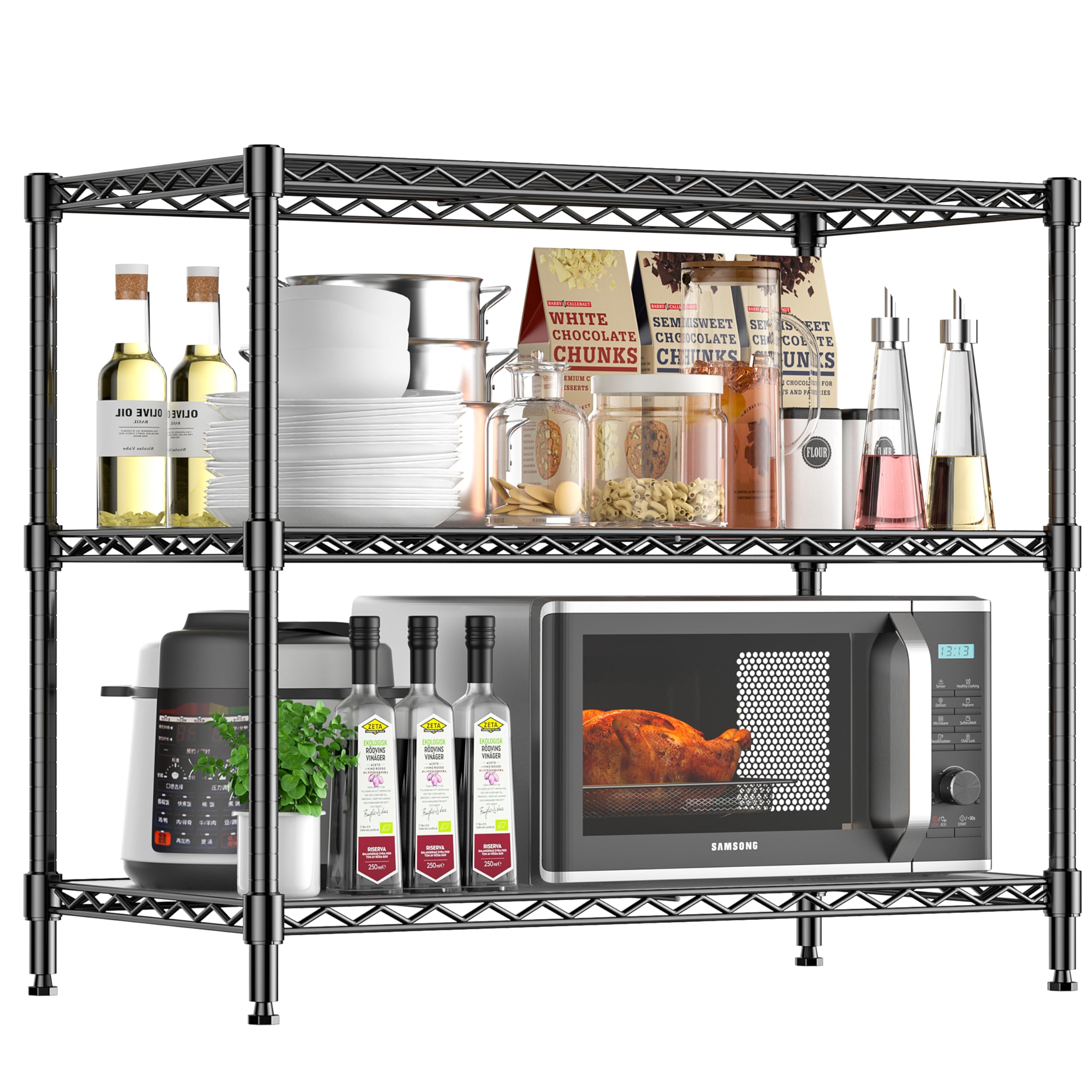 RackBro 3-Tier Storage Shelves 795LBS Metal Shelving Unit, Adjustable Wire Rack Small Shelf Organizer with Shelf Liners for Kitchen Pantry Office Closet Garage 24" W x 14" D x 30.5" H Black