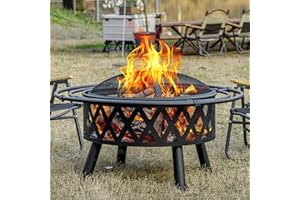 EcoNook 36 Inch Wood Burning Fire Pit with 2 Loops, Outdoor Fire Pit with Spark Screen & Fire Poker, Cross Weave Firepit for Outside Fireplace Bonfire for Yard,Patio, Garden