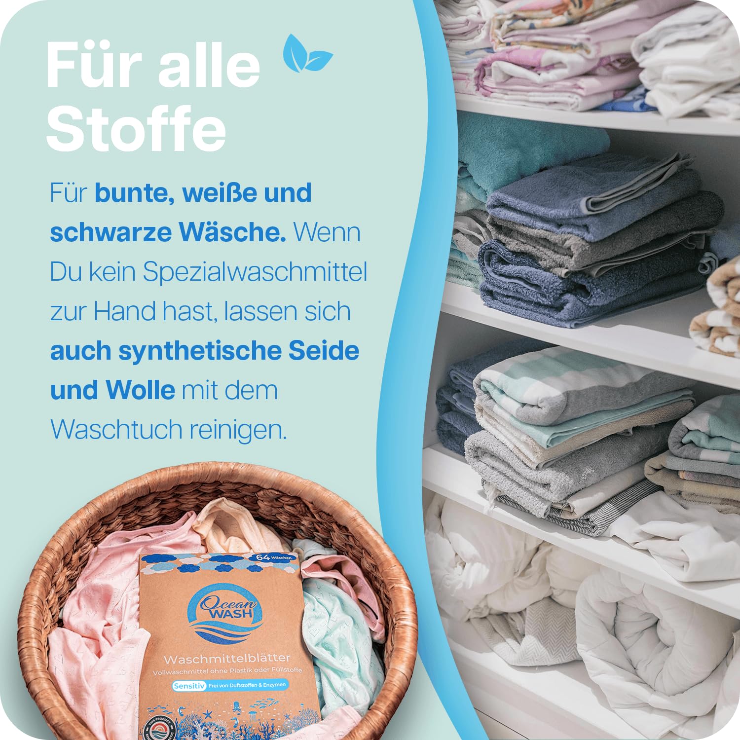 OceanWash Waschmittelblätter Sensitiv, Waschblätter Waschmaschine für alle Textilien und Farben, Waschtücher biologisch abbaubar, Laundry Detergent Sheets Vollwaschmittel, 64 Wäschen 4