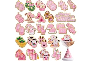 FOGWOWO 50 Pcs Pink Christmas Patches Stickers Chenille Patches Self Adhesive Embroidered Winter Christmas Tree Snowman Snowflake Penguin Stick on Patch for Backpacks Hats Bags Sweaters Stockings