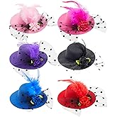 Juvale Mini Tea Party Hats - Clip-On Fascinator Hats for Women & Girls - Feather & Flower Accents for Tea Party Decorations - Pack of 6, 4 in, Multicolor