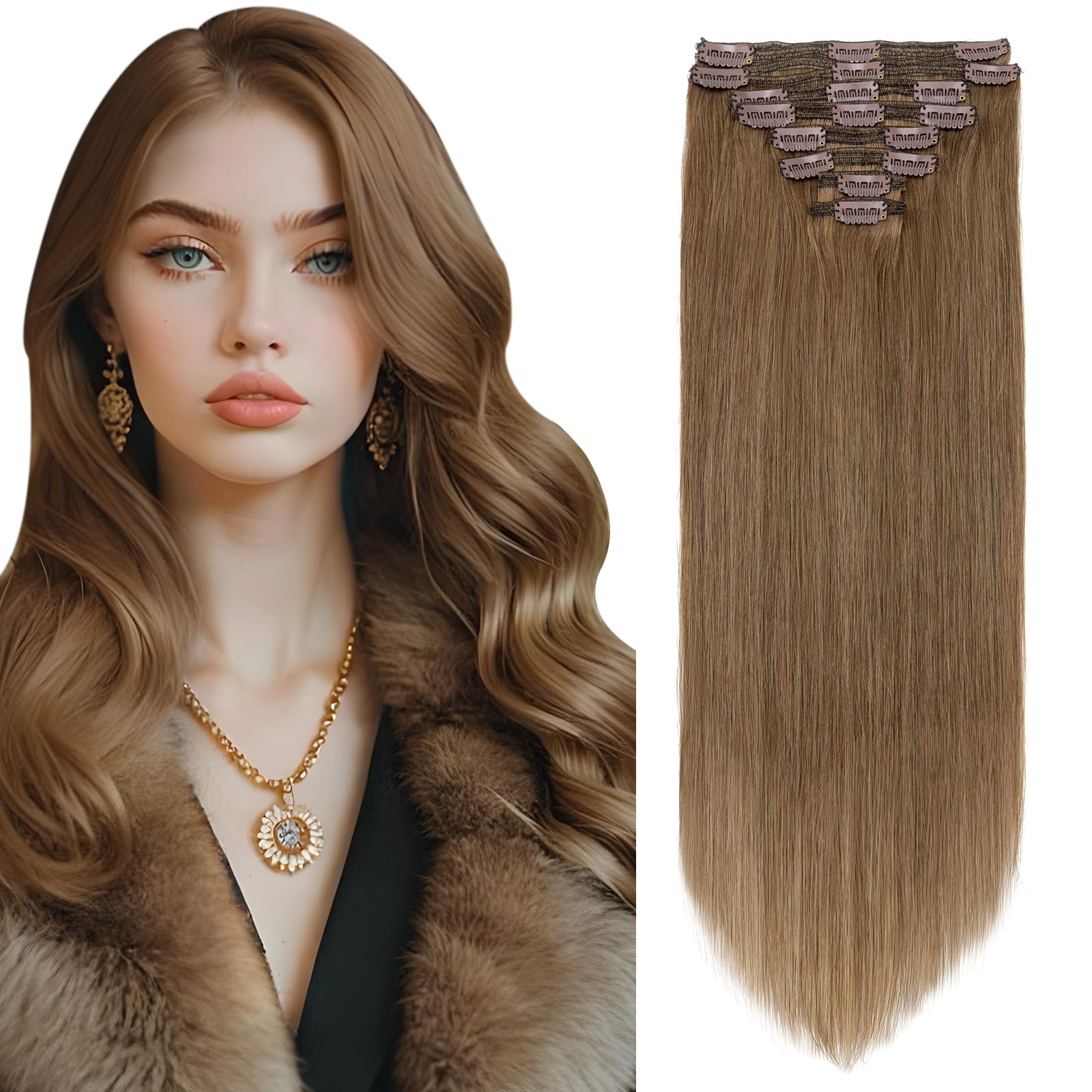 Elailite Hair Extensions Real Human Hair Clip in Thick Double Weft Remy Natural Hair - 8 Pieces Full Head Straight - #6 Light Brown - 16 Inch (130 g)