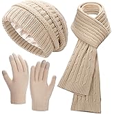 Ultrafun Womens Winter Beanie Hat Scarf Gloves Set, Satin Lined Slouchy Beanie Knit Scarf Touchscreen Gloves, Warm 3 Gift Set