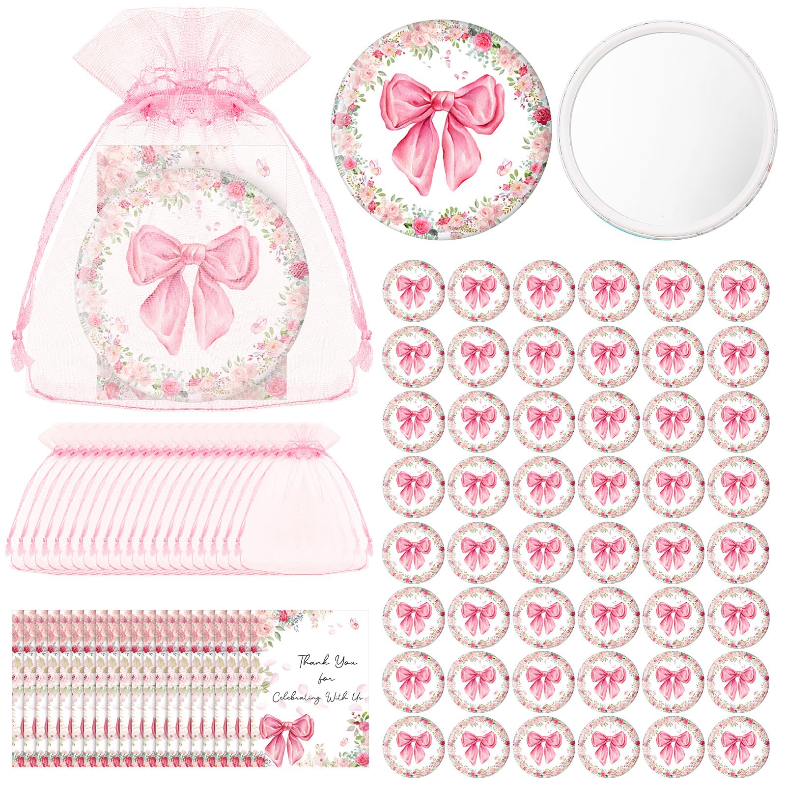 Photo 1 of Namalu 48 Sets Coquette Pink Bow Party Favors Compact Mirror Bulk and Thank You Pink Bow Cards and Organza Bags for Bridal Wedding Baby Shower Guests Appreciation Gifts Gender Reveal Party Supplies
