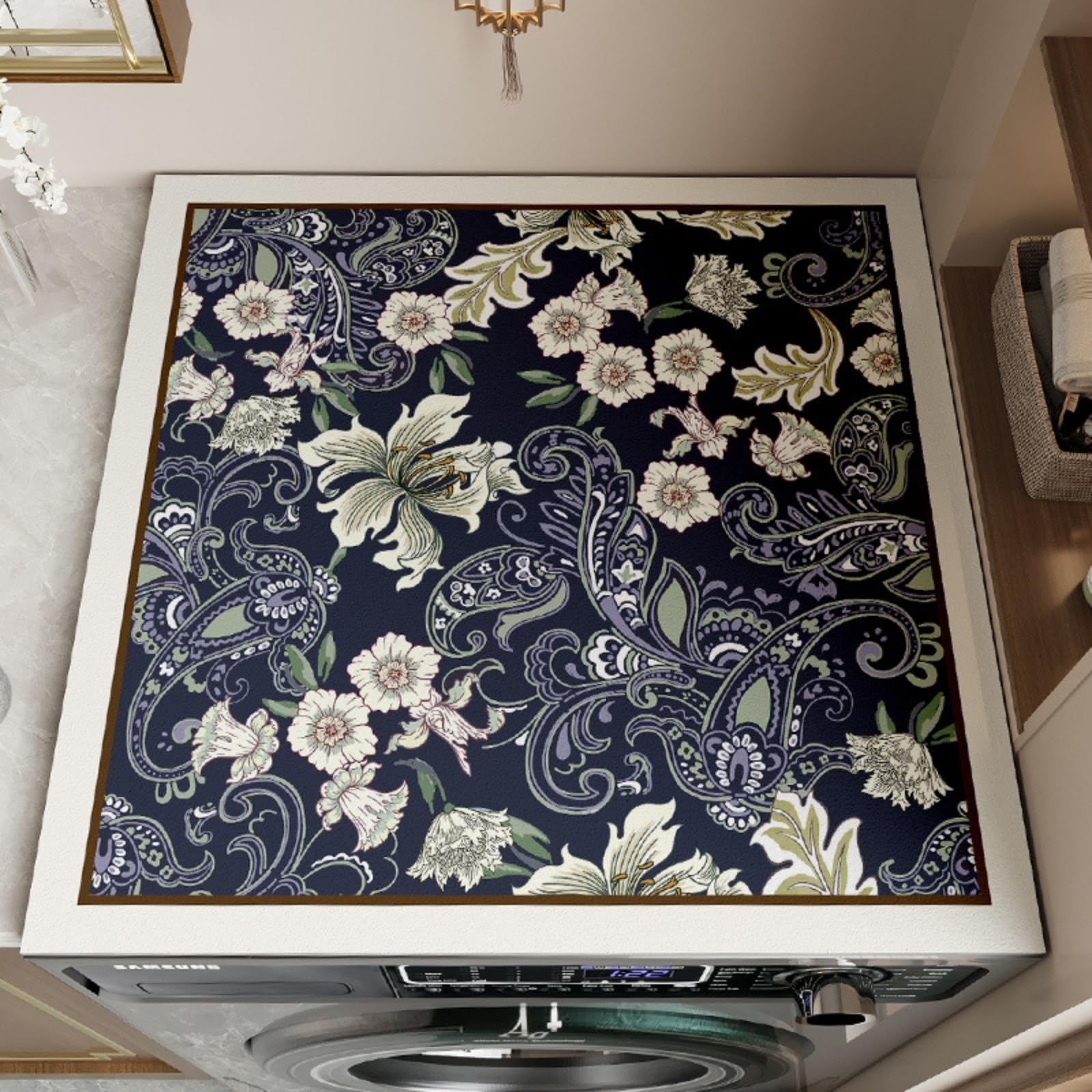Photo 1 of BANEBOR Floral Print Washing Machine Mat for Top Load Washer and Dryer – Non-Slip, Absorbent, Quick-Dry Washer Dust Cover Pad – Decorative Laundry Room Kitchen Protector Mat (Azure Floral, 24''x16'')