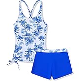 Girls Tankini Swimsuit Set Tropical Palm Print Two-Piece Swimwear for Ages 7-16